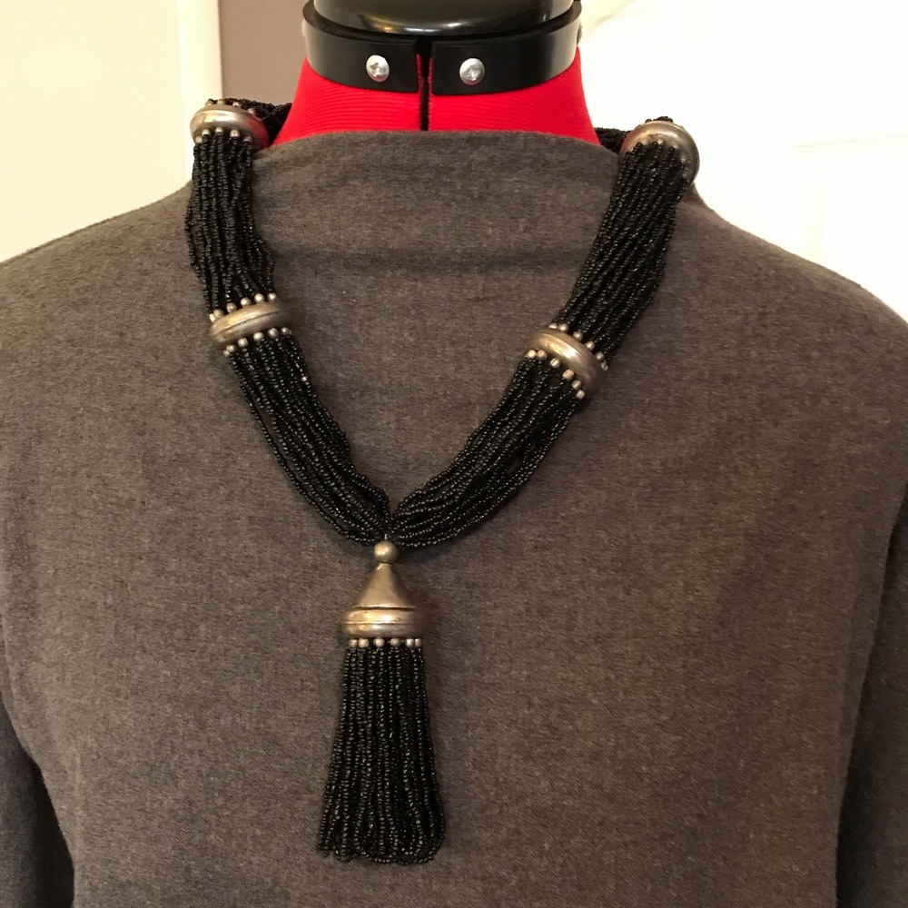 Black beaded tribal style tassel pendant necklace